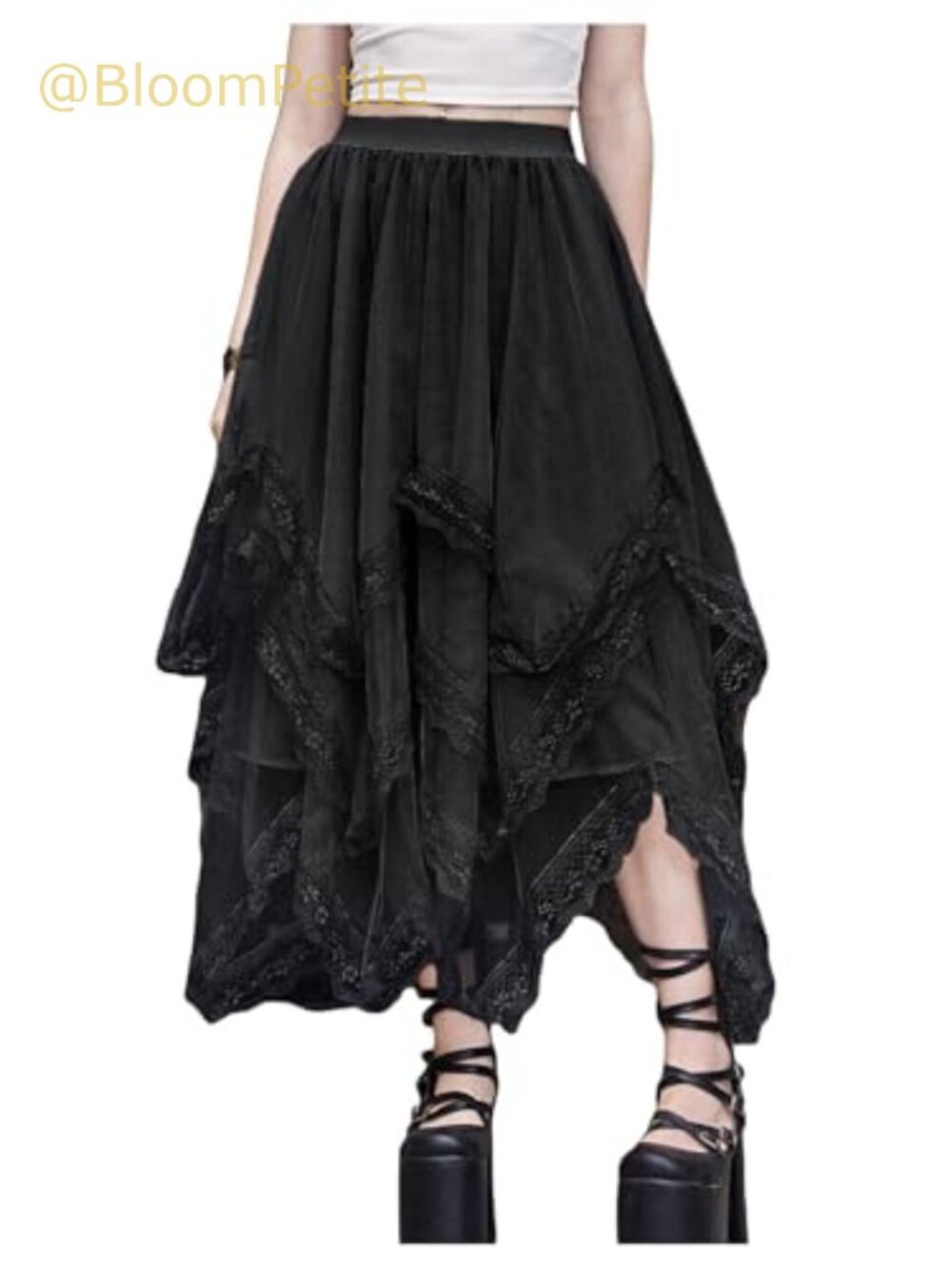 Lace Trim Layered Mesh Tulle Skirt Asymmetrical Goth High Low